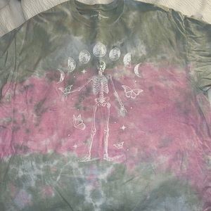 green and pink tie-dye skeleton and moon shirt